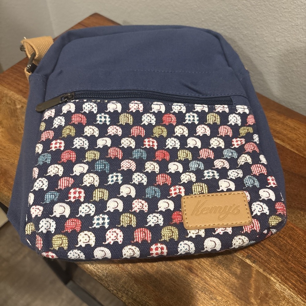 The Kemy's Crossbody Bag Purse Adjustable Strap Navy/ Tan Elephant Graphics EUC